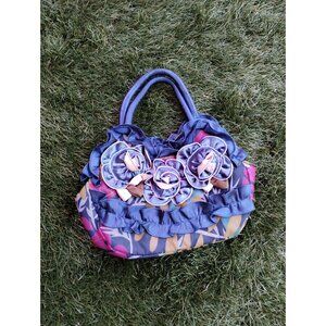 Ruffle Flower Rose Blue Shimmer Floral Evening Party Hand Bag Zipper